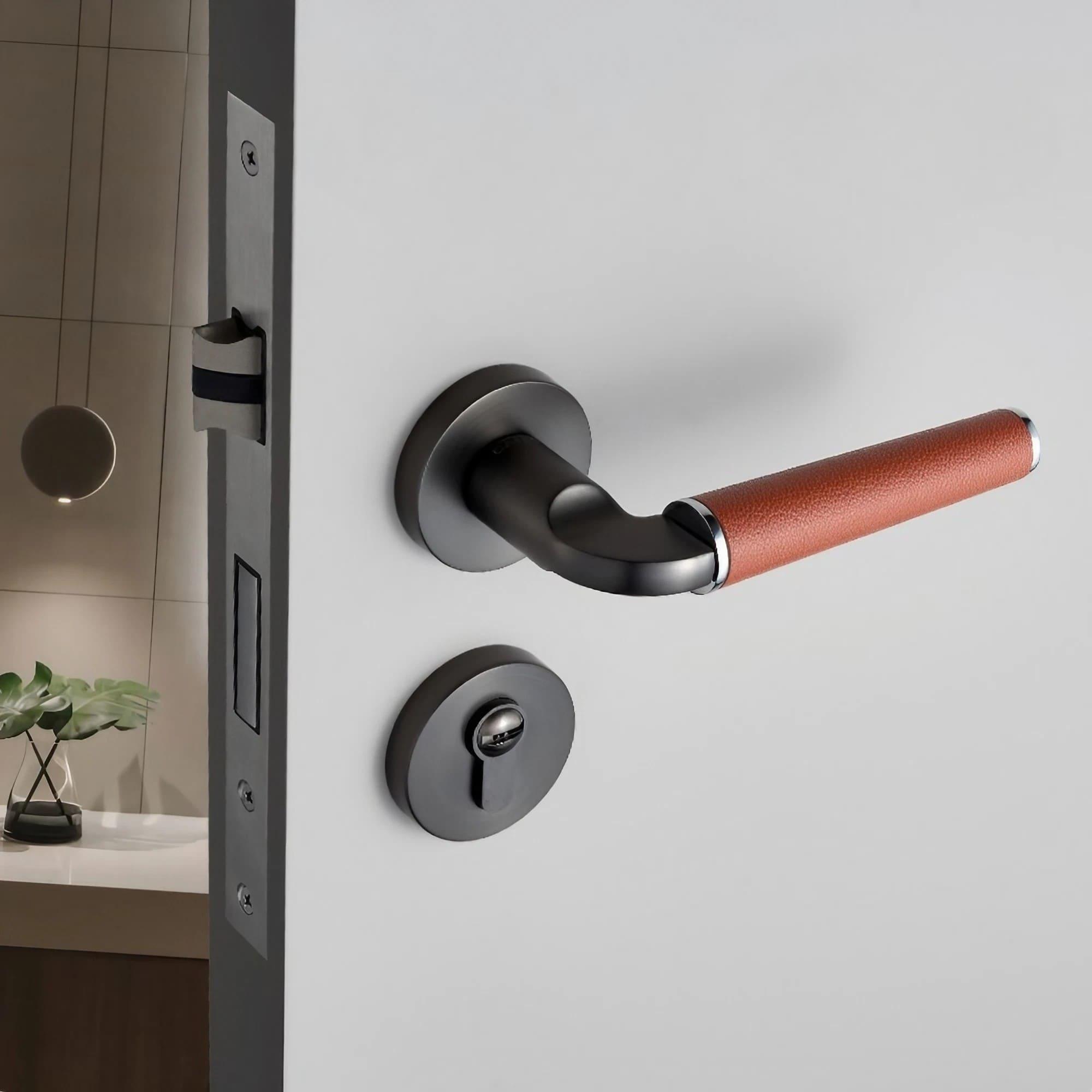 Light Luxury Leather Door Lock Handles Brushed Black Nickel